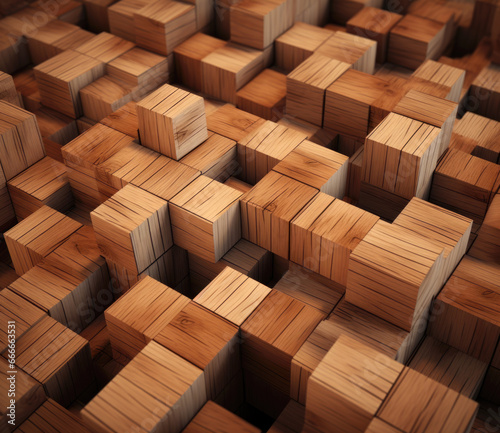 A striking 3D render featuring square wooden pieces on a solid floor  showcasing geodesic patterns and organic textures in a captivating  eco-friendly installation. Generated AI.
