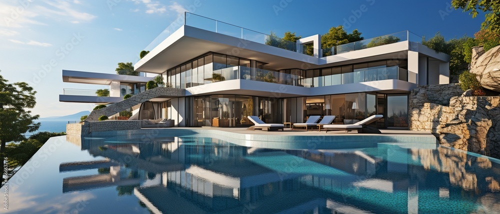 Modern, opulent vacation home with an infinity pool .