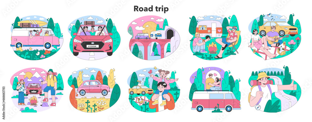 Naklejka premium Road trip set. Young people or family going on vacation by a car.