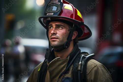 Vigilant Fireman with helmet. Flame rescue. Fictional person. Generate Ai © juliars