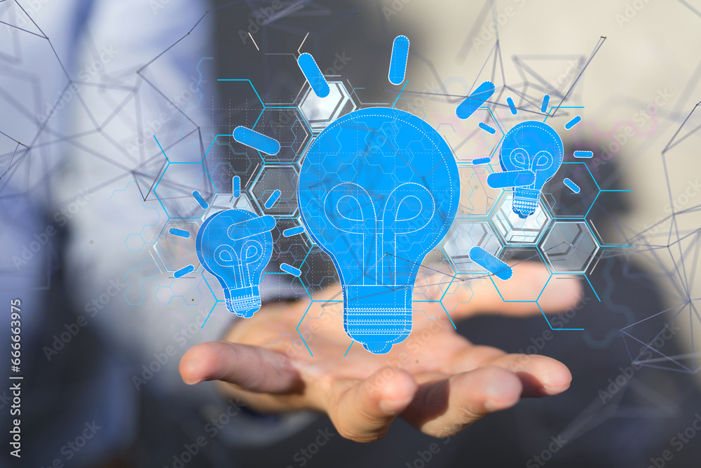 lamp idea holding in hand 3d - neural network exposure digital lamp idea holding in hand 3d - neural network exposure digital