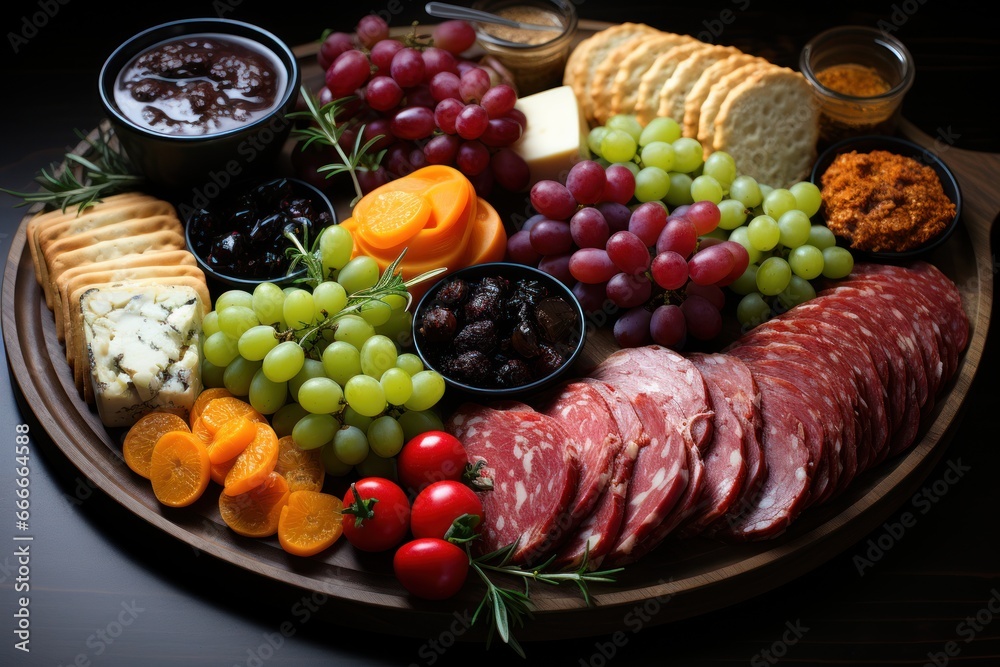 Christmas graze board with blue cheese, rosemary, nuts, grape, cranberry. Assorted cheese and meat appetizers. Charcuterie board of selection of meats, and appetizers on black background. Christmas graze board with blue cheese, rosemary, nuts, grape, cranberry. Assorted cheese and meat appetizers. Charcuterie board of selection of meats, and appetizers on black background.