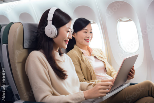 Asian Women Travelers Enjoying In-Flight Entertainment with Headphones