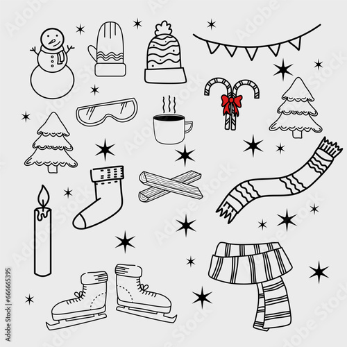 Winter Cute cartoon Doodles Set, outline style winter drawing on gray background