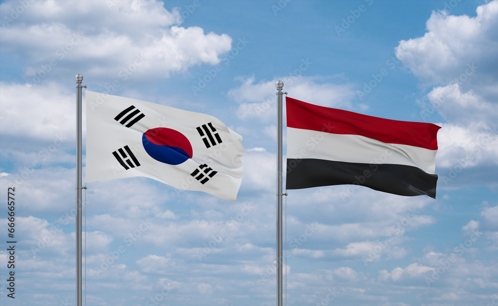 Naklejka premium Yemen and South Korea flags, country relationship concept