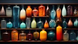 Colorful art glass vases on shelfs. Made with Generative AI.	