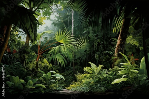 Thick verdant tropical foliage with abundant rainfall and vibrant flora and fauna. Generative AI