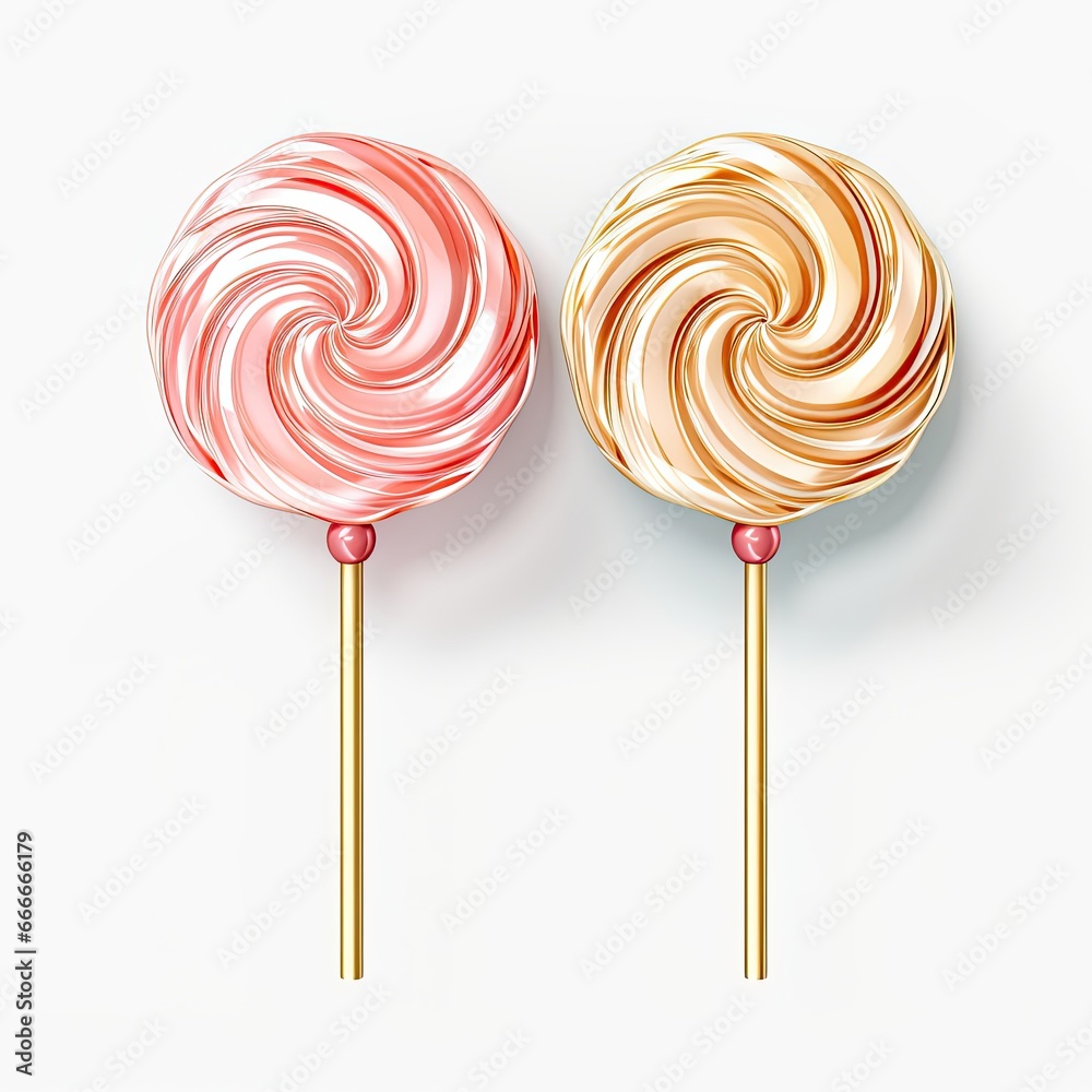 Set of circular caramel candies on stick in pink gold Set of circular caramel candies on stick in pink gold