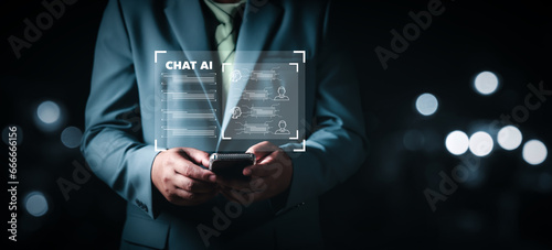 Chat with AI technology, Artificial Intelligence. man using technology smart robot AI, artificial intelligence by enter command prompt for generates something, Futuristic technology transformation.