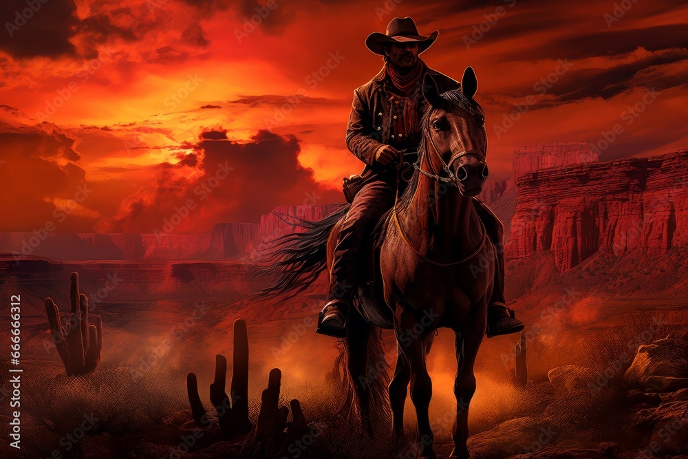 Heroic Cowboy banner portrait. Rodeo bandit. Fictional person. Generate Ai