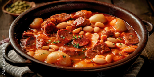 Typical Spanish cuisine. Asturian Fabada. Generative AI. photo