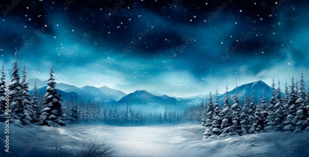 winter night forest background with stars, snowy trees and snowy mountains , winter and christmas concept, copy space for text