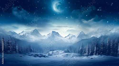 winter night forest background with stars, snowy trees and snowy mountains , winter and christmas concept, copy space for text