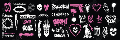 Street spray graffiti element set, vector urban grunge splash typography effect, retro ghetto print. Gangster tattoo kit, underground can hip-hop sign, heart, doberman, chain, gun. Street graffiti