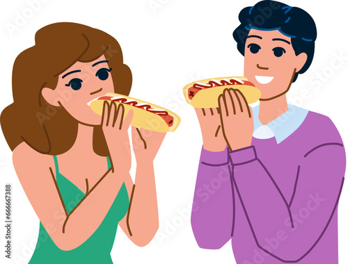 fast eating hot dog vector. snack unhealthy, eat bread, sausage outdoors fast eating hot dog character. people flat cartoon illustration