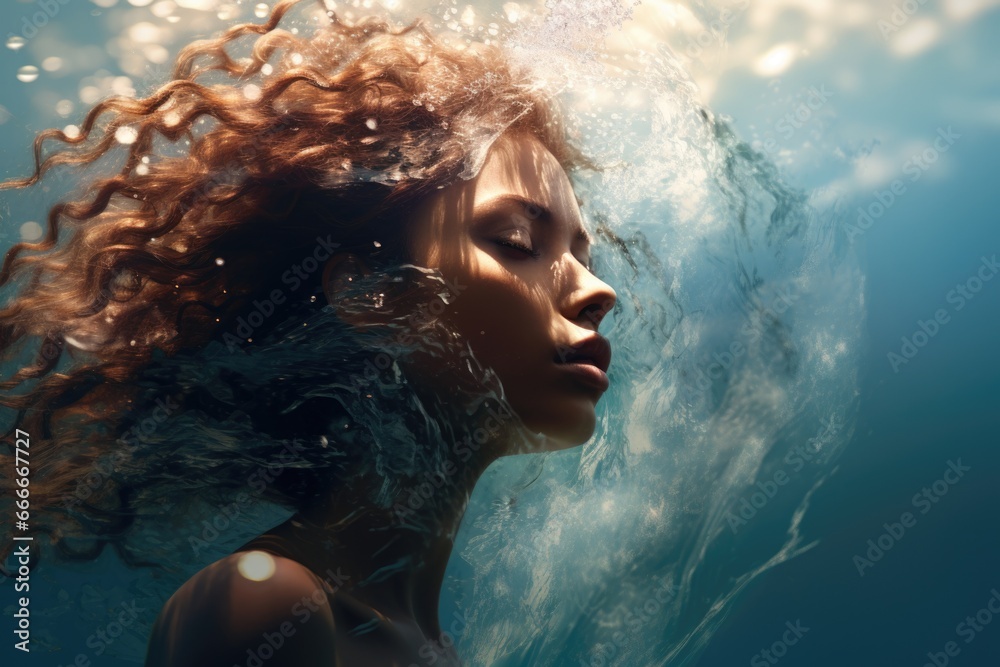 The image of a calm woman is mixed with the image of the ocean. Abstract image of a woman. Wednesday. Unity with nature.