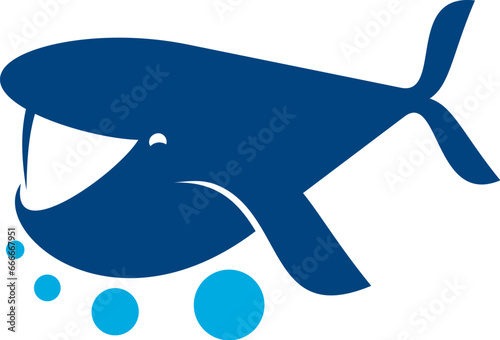 Blue whale cartoon icon, sea, ocean marine animal, vector emblem for company. Aquatic sport club, aquapark or swimming pool sign of blue whale and water bubbles, fishing or yachting and diving symbol