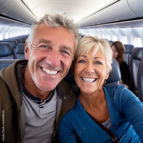 MATURE COUPLE HUSBAND AND WIFE TAKING SELFIE ON PLANE. image created by legal AI  © PETR BABKIN