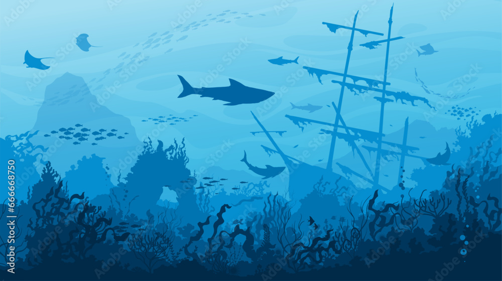 Sunken sail ship, sharks and fish shoals on underwater landscape silhouette. Sea water waves and ocean coral reef bottom vector background with marine animals, seaweeds and old sailing boat