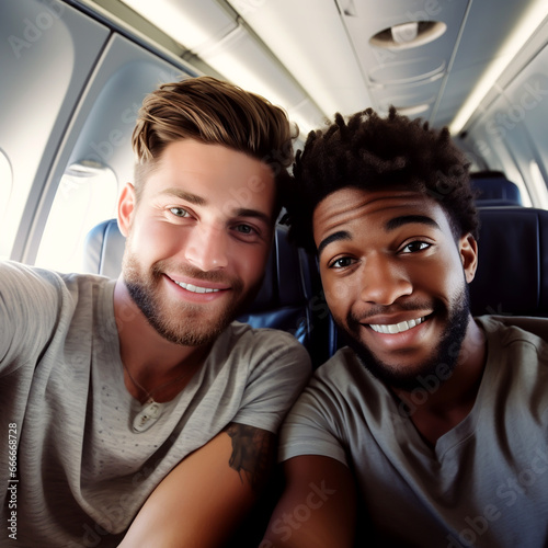 GAY COUPLE TAKING SELFIE IN THE AIRPLANE CABIN. image created by legal AI  © PETR BABKIN