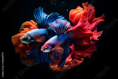 Red and blue patterned Betta fish in water, black background.