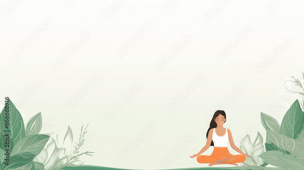 Woman practice yoga template white and green namaste copy space