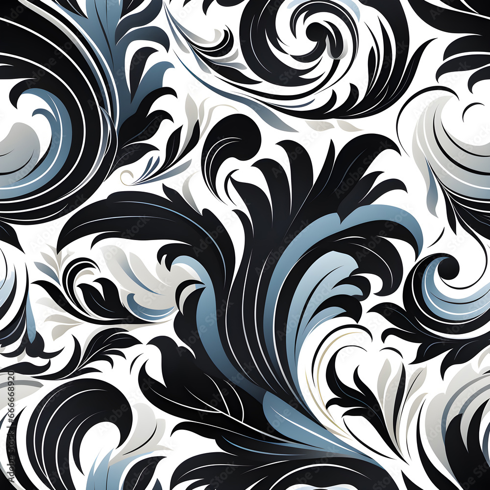 Fototapeta premium Graphic pattern, white background, black and blue paisley pattern, seamless pattern, elegant pattern.