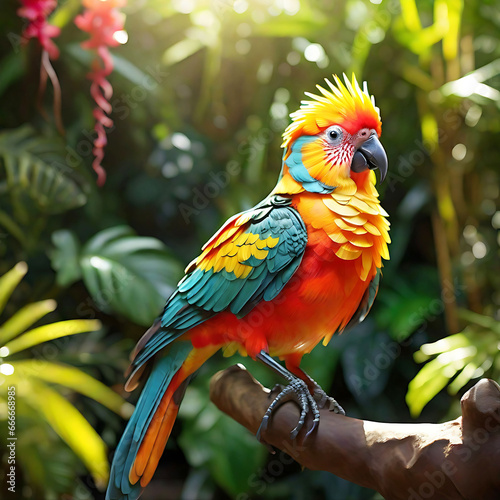 Bright exotic bird in a tropical garden, sunlight. AI 