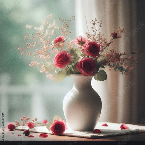 A delicate bouquet of pink roses and soft greenery sits in a simple white vas...