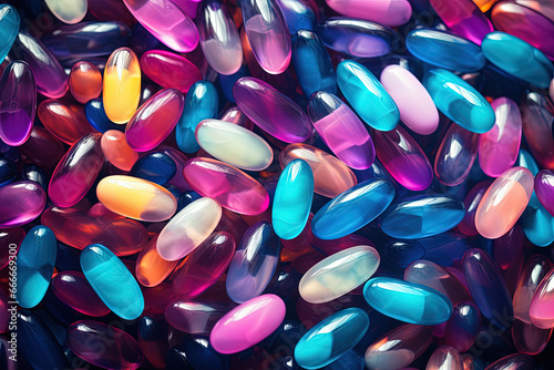 Background with pills and capsules in neon blue and purple colors. Medical drug or dietary supplement concept. photo