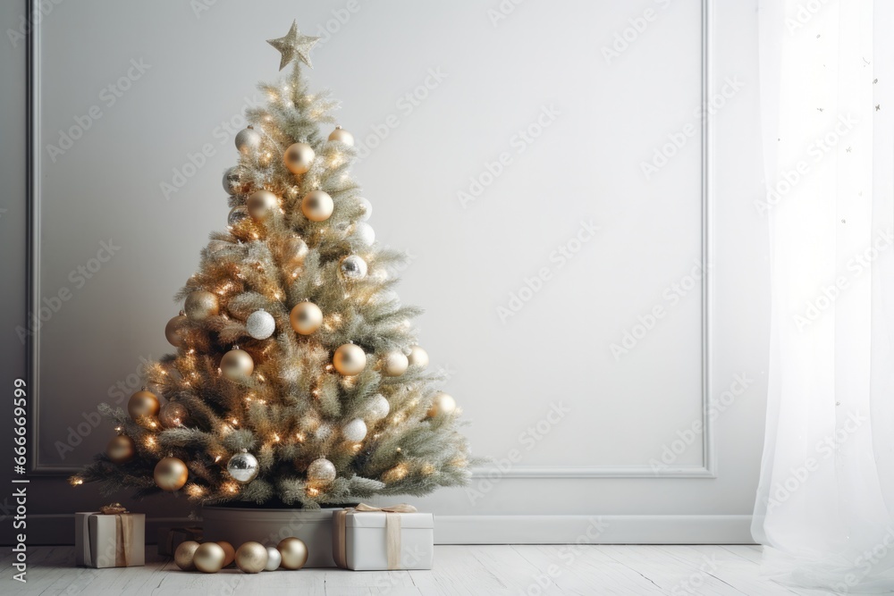 Majestic Christmas tree in cozy home interior background with empty space for text 