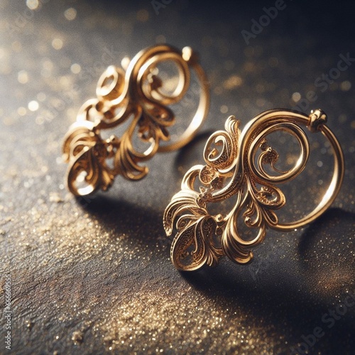 Gold earring on a surface with dust of gold