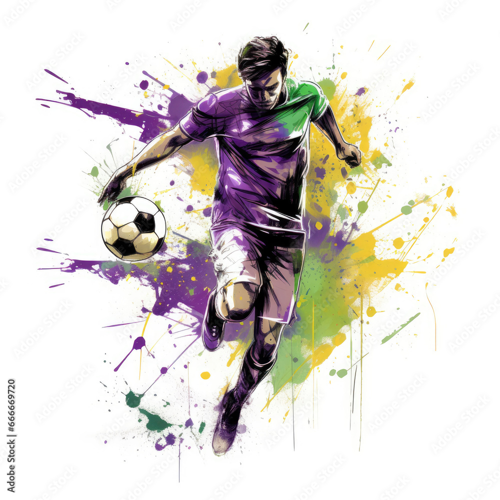 Illustration of a football player running with the ball towards the goal. Red, yellow and purple watercolor splashes.