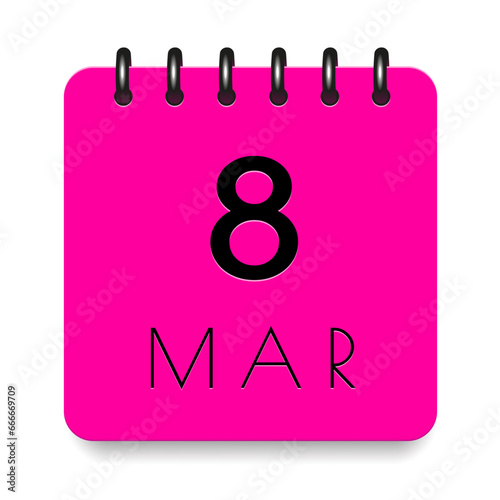 8 day of the month. March. Pink calendar daily icon. Black letters. Date day week Sunday, Monday, Tuesday, Wednesday, Thursday, Friday, Saturday. Cut paper. White background. Vector illustration.