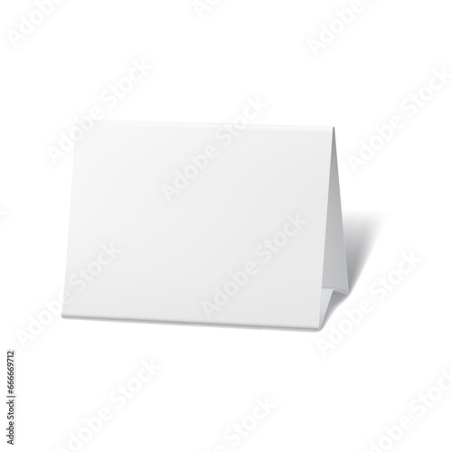 Tent card or table display mockup template of paper talker stand, vector calendar mock up. 3D blank triangle tent card for menu display or trifold place card stand of paper cardboard © Vector Tradition
