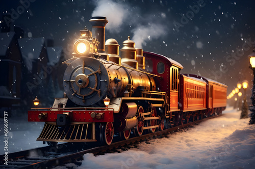  A fabulous old vintage red and gold steam locomotive rides along a snowy road. Christmas. snowing. fairy lights. generative ai. copy space.