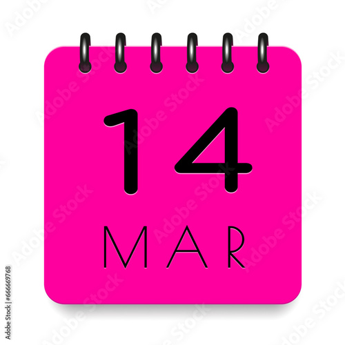 14 day of the month. March. Pink calendar daily icon. Black letters. Date day week Sunday, Monday, Tuesday, Wednesday, Thursday, Friday, Saturday. Cut paper. White background. Vector illustration.