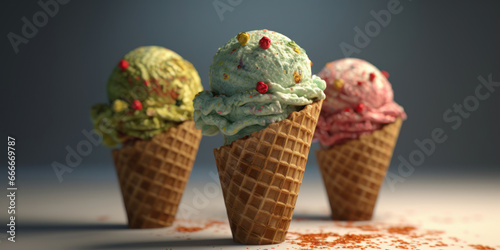 Delicious ice cream of various flavors, isolated from the background. Generative AI.