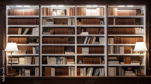 wooden bookcase filled with books in a public library.