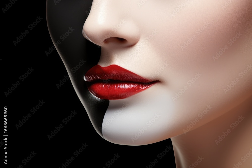 An image of a beautiful woman with beautiful black, white and red makeup. Concept of beauty, style and tranquility An image of a beautiful woman with beautiful black, white and red makeup. Concept of beauty, style and tranquility