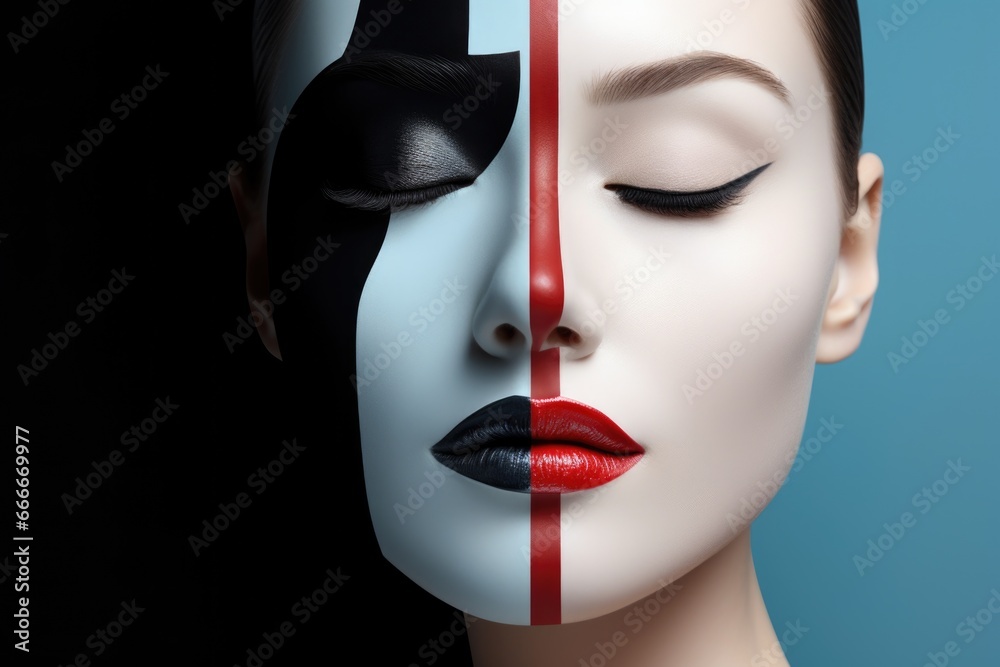 An image of a beautiful woman with beautiful black, white and red makeup. Concept of beauty, style and tranquility An image of a beautiful woman with beautiful black, white and red makeup. Concept of beauty, style and tranquility