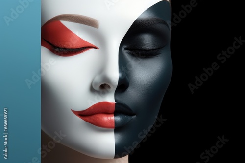 An image of a beautiful woman with beautiful black, white and red makeup. Concept of beauty, style and tranquility © koplesya