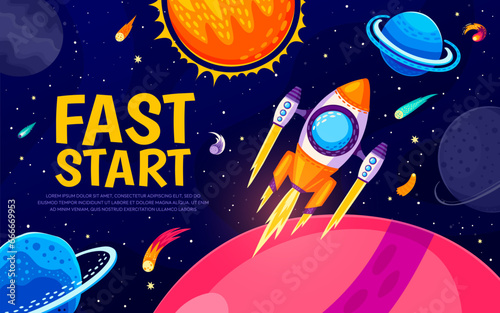 Business fast start, rocket launch and cartoon galaxy space landscape, vector background. Spaceship startup to space planets in starry sky for business project launch or corporate campaign website