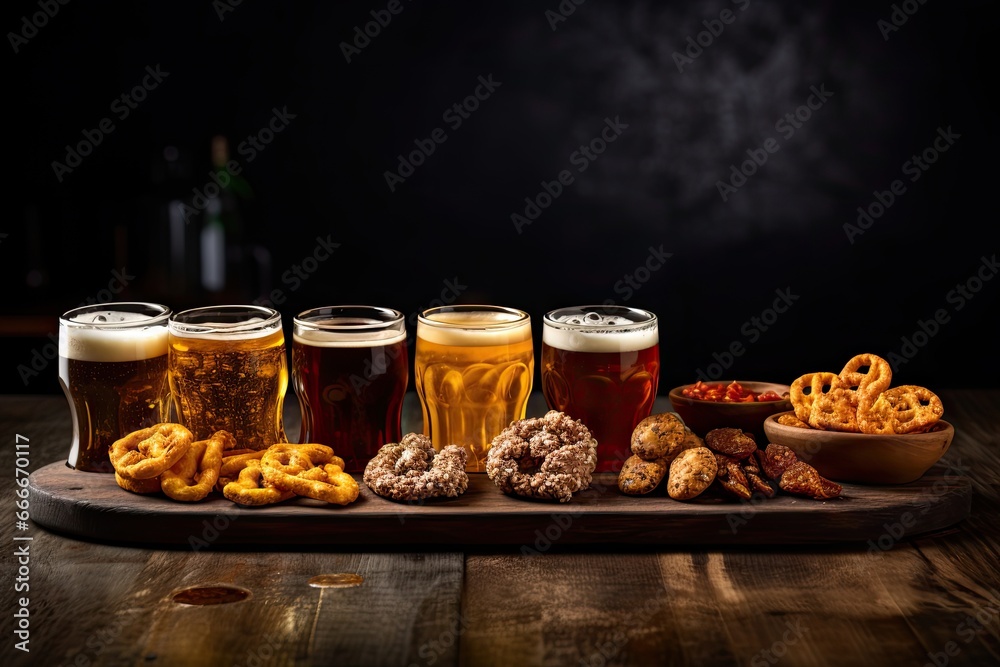 a wooden table topped with glasses of beer and food next to a bowl of pretzels. generative ai a wooden table topped with glasses of beer and food next to a bowl of pretzels. generative ai