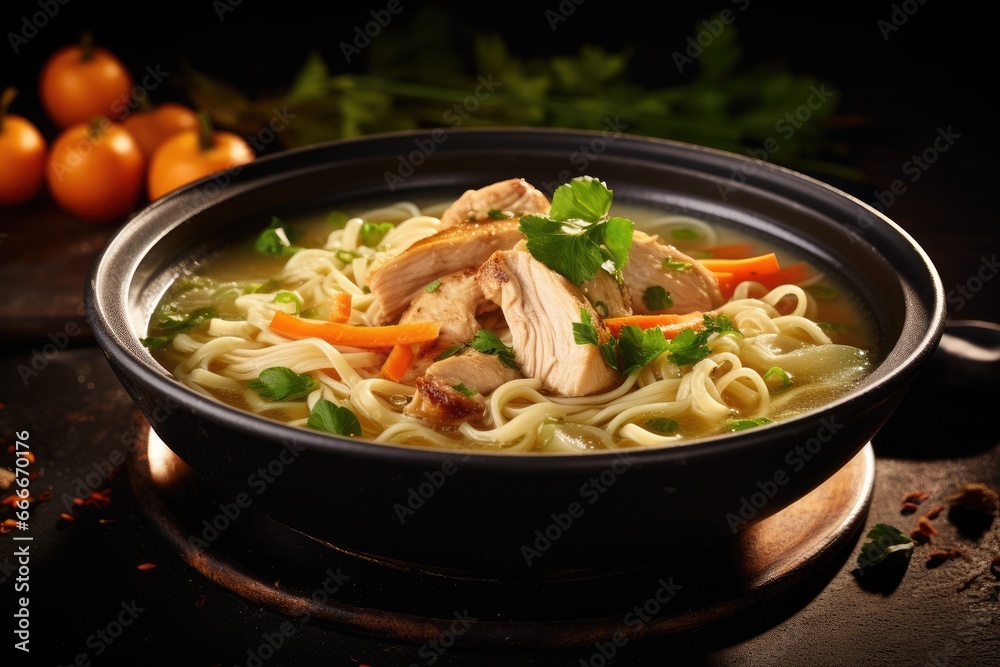 a bowl of chicken noodle soup with carrots and parsley. generative ai a bowl of chicken noodle soup with carrots and parsley. generative ai