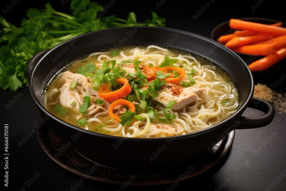  a bowl of chicken noodle soup with carrots and parsley.  generative ai