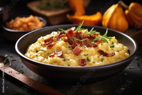  a bowl of mashed potatoes with bacon and chives. generative ai