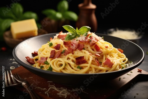  a plate of pasta with bacon and parmesan cheese. generative ai