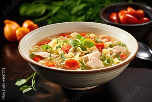  a bowl of pasta soup with tomatoes and basil on the side.  generative ai