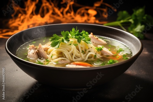  a bowl of noodles with chicken and carrots in a broth.  generative ai